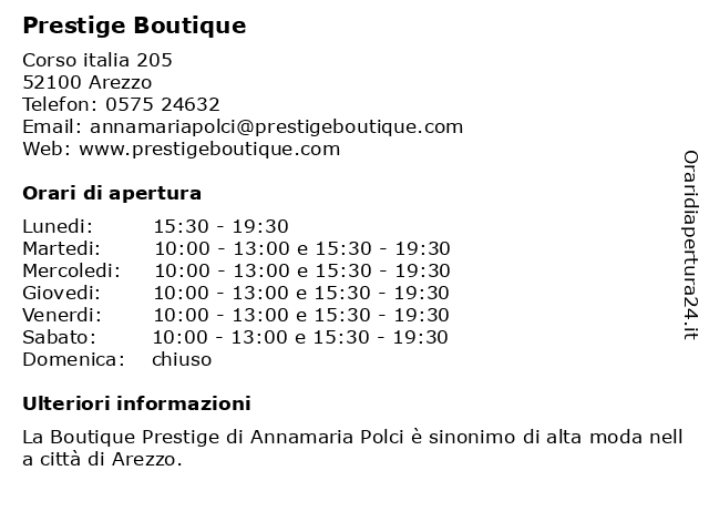 Orari di apertura Prestige Boutique Corso italia